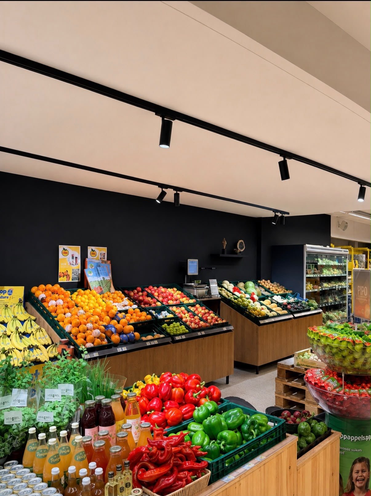 Groenten en fruit uitgelicht door zwarte trackrails met spots